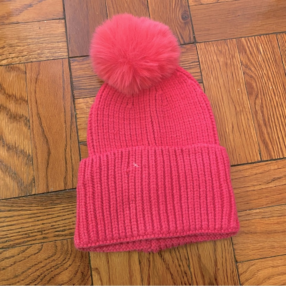 Kawaii Hot Pink Ribbed Knit Beanie Hat with Pom Pom